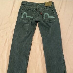 Evisu Men's Blue Jeans with Teal Details